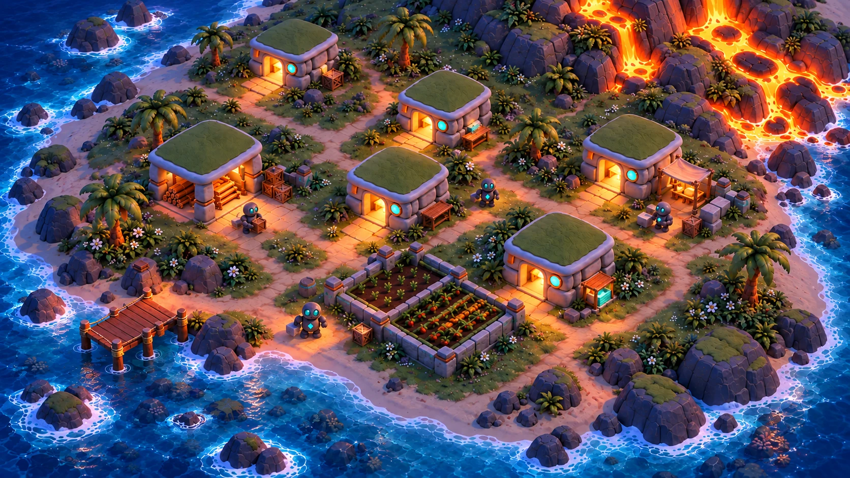 Elevated top-down illustrative concept of Lava City at twilight, with grassy terraces, sandy paths, warmly lit stone homes, teal-eyed stone helpers, and glowing lava