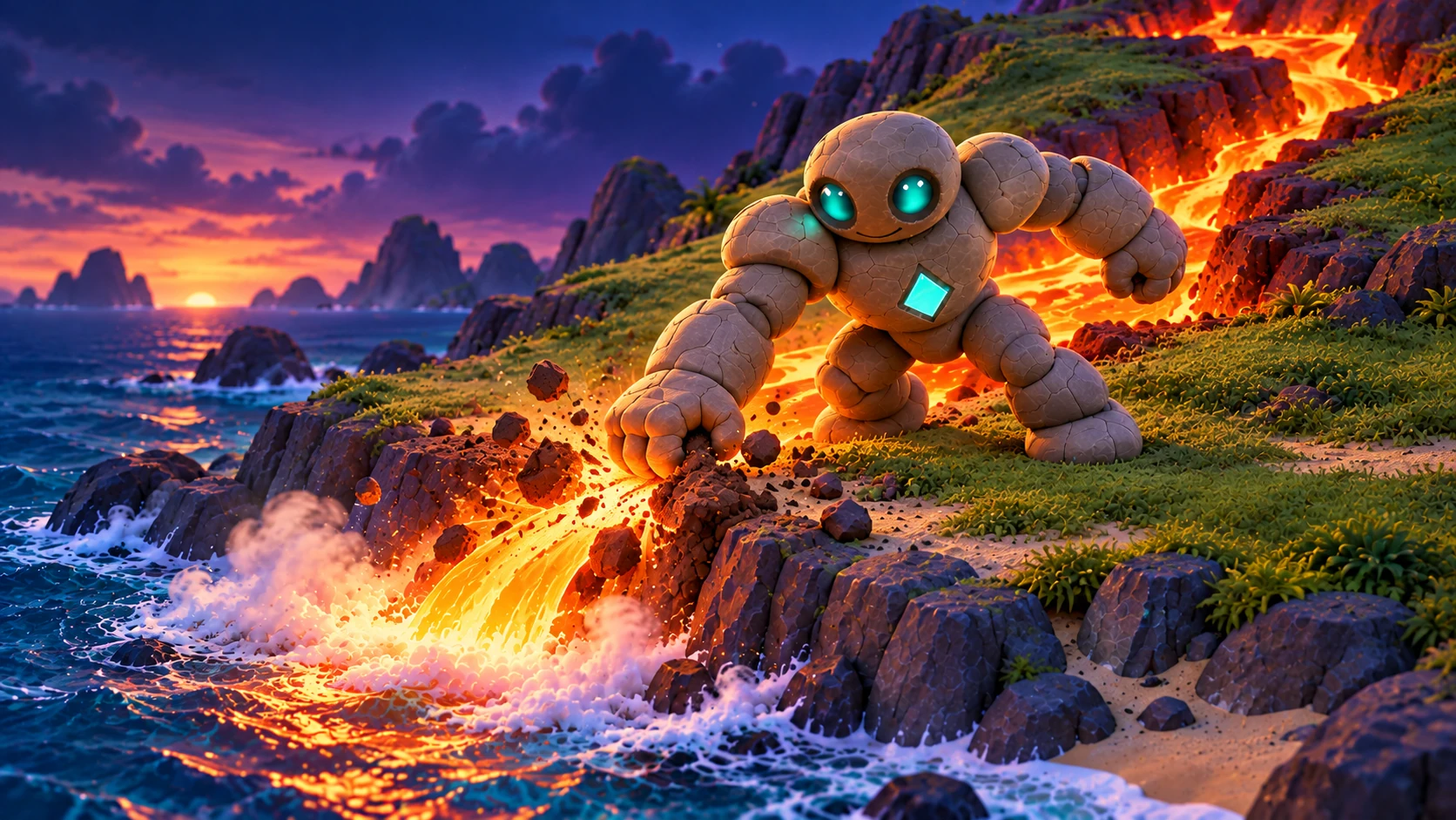 Illustrative concept of a teal-eyed stone helper smashing a coastal rock channel with its fist to redirect glowing lava into the sea at twilight