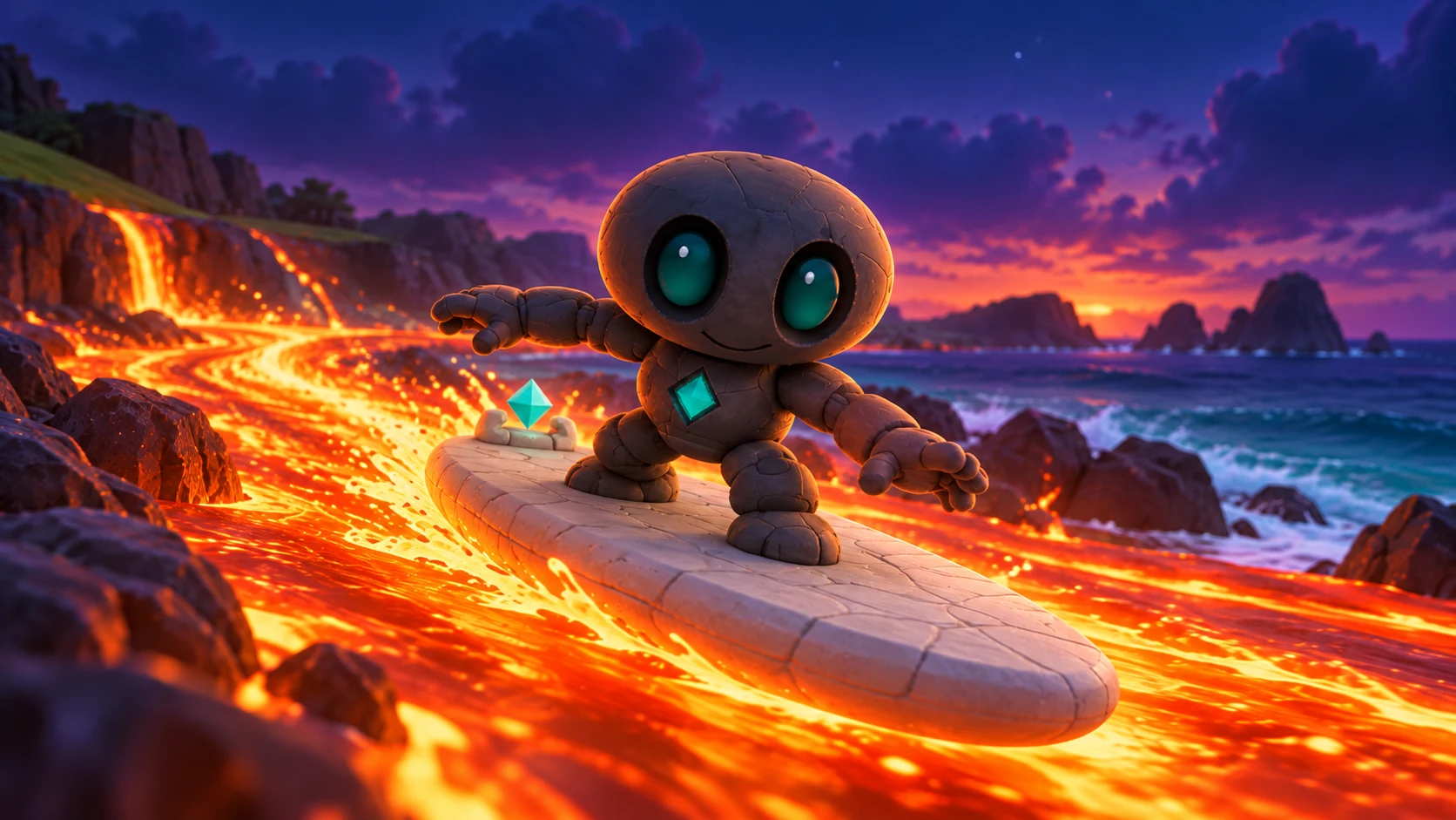 Illustrative concept of Smol, a small stone character with teal eyes, banking on a stone surfboard over glowing lava beside the ocean at twilight