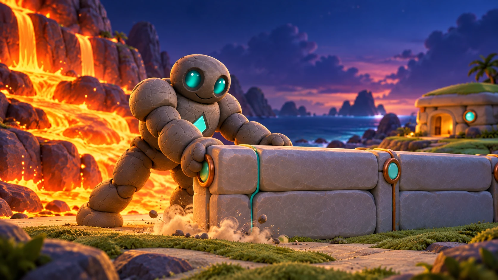 Illustrative concept of a teal-eyed stone helper placing a stone wall segment between glowing lava and an island home at twilight